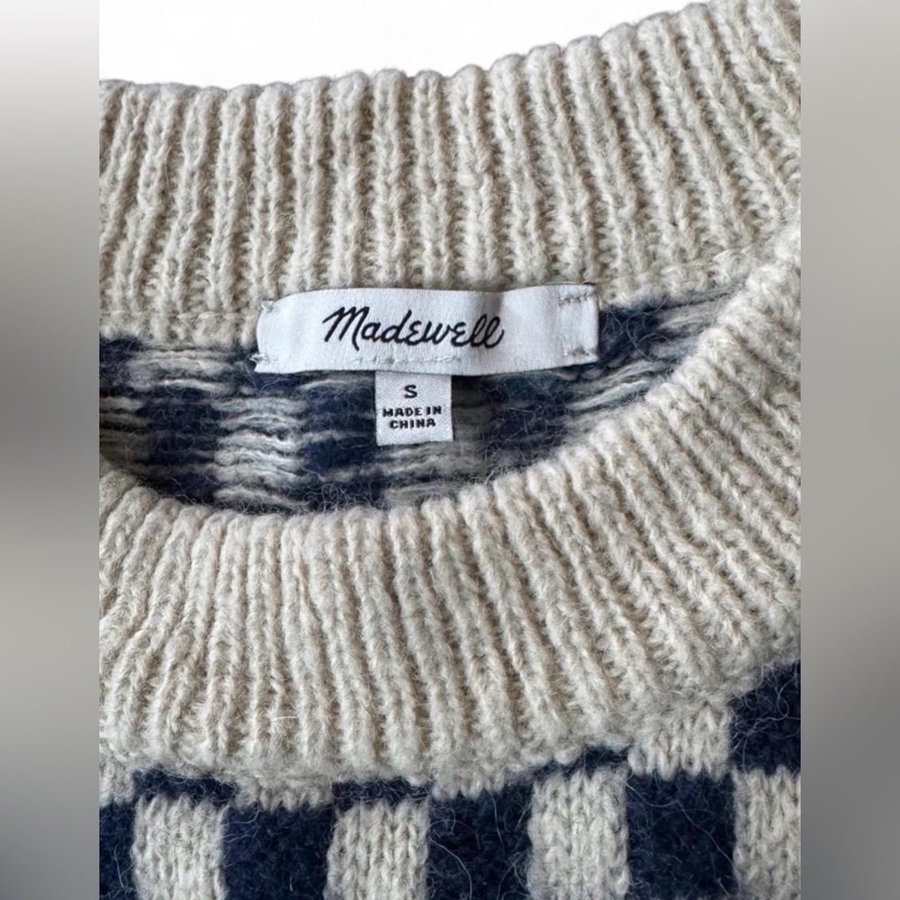 Madewell Alpaca Blend Checkerboard Sweater Blue Cream Cozy Oversized small - Picture 4 of 8